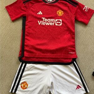 Adidas Manchester United Kids Red and Black Soccer Jersey and shorts